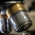 Close-up of a microscope objective lens showing 100x magnification and 1 Royalty Free Stock Photo