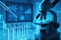 Close-up of a microscope and test tubes with blue liquid in a laboratory, with a computer screen in the background Royalty Free Stock Photo