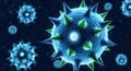 Close-up microscopic view of glowing blue virus particles with spiky outer shells in a dark environment Royalty Free Stock Photo