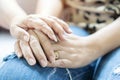 Close up of middle-aged 60 woman holding hand her daughter feel stressed depressed melancholic for loss Royalty Free Stock Photo