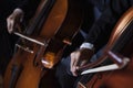 Close-up of midsection of two cellists playing the cello during a performance Royalty Free Stock Photo