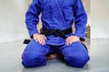 Close up on midsection of unknown woman in blue brazilian jiu jitsu or judo kimono gi sitting on tatami mats wearing black belt on
