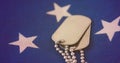 Close up of military dog tags american flag background with copy space