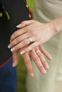 Close up of military groom and bride's wedding rings.