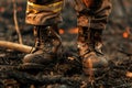 Close up of military persons feet in boots, camouflaged in dirt Royalty Free Stock Photo