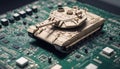 Close-up on a military tank on a powerful computer board