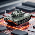 Close-up on a military tank on a powerful computer board