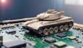 Close-up on a military tank on a powerful computer board