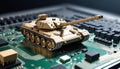 Close-up on a military tank on a powerful computer board