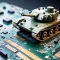 Close-up on a military tank on a powerful computer board