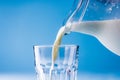 Close-up of milk being poured in glass from jar against blue background, copy space Royalty Free Stock Photo