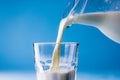 Close-up of milk being poured in glass from jar over blue background, copy space Royalty Free Stock Photo