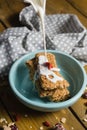 Milk being poured on granola bar Royalty Free Stock Photo