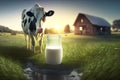 Close up of milk and cow. Farmers milk. Classic glass milk bottle. Farmland. Romanti Royalty Free Stock Photo