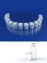 Close-up of milk glasses with reflections. Illustration dental care and beautiful smile teeth. Mock up of dairy glass and bottle