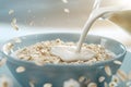 Close-up of milk pouring into a bowl of oatmeal, showcasing a vibrant breakfast. Generative AI