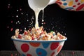 close-up of milk splashing into cereal bowl