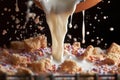 close-up of milk stream hitting cereal pieces