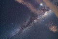 Close up of the milky way with bright stars on blue sky at night. Natural universe space landscape background. It is the galaxy Royalty Free Stock Photo