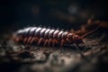 Close up of millipede on the ground. Shallow depth of field.