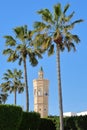 Close-up on the minaret of Soliman Hamza mosque surrounded by palm trees in the city of Mahdia