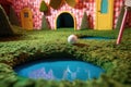 close-up of a mini golf hole with a ball approaching it Royalty Free Stock Photo