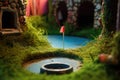 close-up of a mini golf hole with a ball approaching it Royalty Free Stock Photo