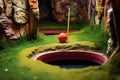 close-up of a mini golf hole with a ball approaching it Royalty Free Stock Photo