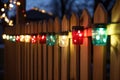 close-up of mini lantern christmas lights on a wooden fence Royalty Free Stock Photo