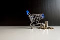 Close up of mini shopping cart with step of coins stacks,Finance and money shopping