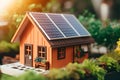 close up of a miniature house with a solar panel on the roof, Generative AI