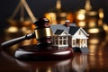 Close up Miniature white house next to a court gavel on table