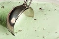 Close up of mint choc chip ice cream being scooped up