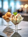 Tasty mint ice cream in a bowl at restaurant