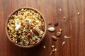 Close-up of A mix of organic sprout seeds sprouting  germinating bowl contains almond, groundnut, black gram, wheet, fenugreek Royalty Free Stock Photo