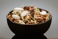 Close-up of A mix of organic sprout seeds sprouting  germinating bowl contains almond, groundnut, black gram, wheet, fenugreek Royalty Free Stock Photo