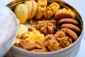 Close up of Mixed Flavor Cookies in Round Box