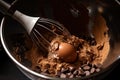 close-up of mixing bowl, with ingredients for chocolate truffles being thoroughly stirred together