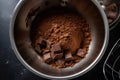 close-up of mixing bowl, with ingredients for chocolate truffles being thoroughly stirred together