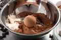 close-up of mixing bowl, with ingredients for chocolate truffles being thoroughly stirred together
