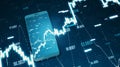 Close up of mobile phone with creative forex chart on blue background. Trade, finance, technology and communication concept.