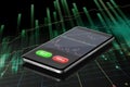 Close up of mobile phone with digital stock exchange chart on futuristic virtual screen table.