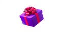 Close up mock up of closed purple gift box with pink ribbon isolated white background.