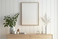 Close Up Mockup Blank Photo Frame in Scandinavian Style Home Minimal White Wooden Wall Background - Generative AI Royalty Free Stock Photo