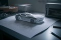 Close- up of model of futuristic white car with backlight, created with Generative AI technology.