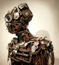 Close-up of a model of a rusty antique robot.