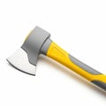 Close up of a modern axe with a yellow and gray handle isolated on white background Royalty Free Stock Photo