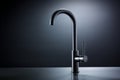 Close-up of modern black matte kitchen faucet, black acrylic stone countertop, stainless steel built-in sink against the Royalty Free Stock Photo