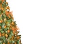Close up of modern Christmas tree decorated with bronze color ornaments - isolated on white background on left side