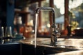 Close-up of modern chrome kitchen faucet with running water, acrylic stone countertop, stainless steel built-in sink Royalty Free Stock Photo